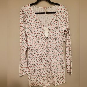 For Love And Lemons Pointelle Deep V Onesie White Floral Large NEW